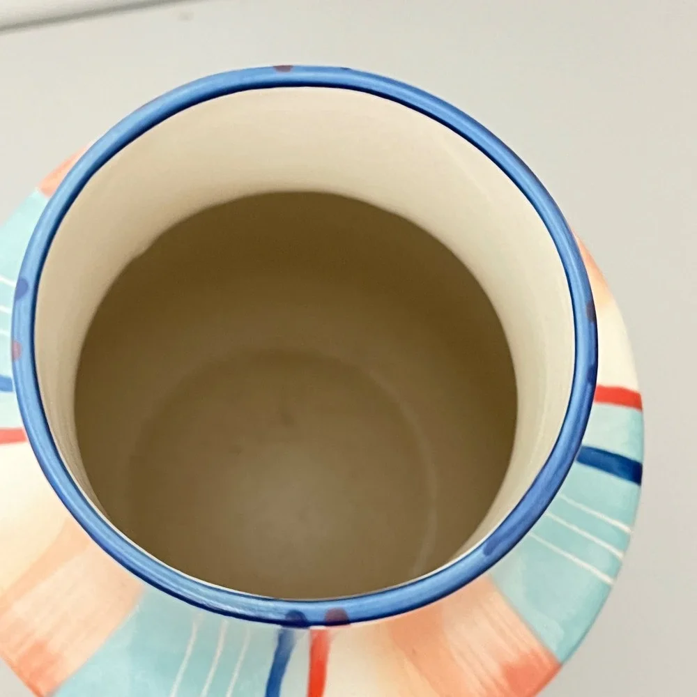 Pier 1 Imports Ceramic Vase Home Decor OS Blue Coral Striped Hand Painted 9.5in